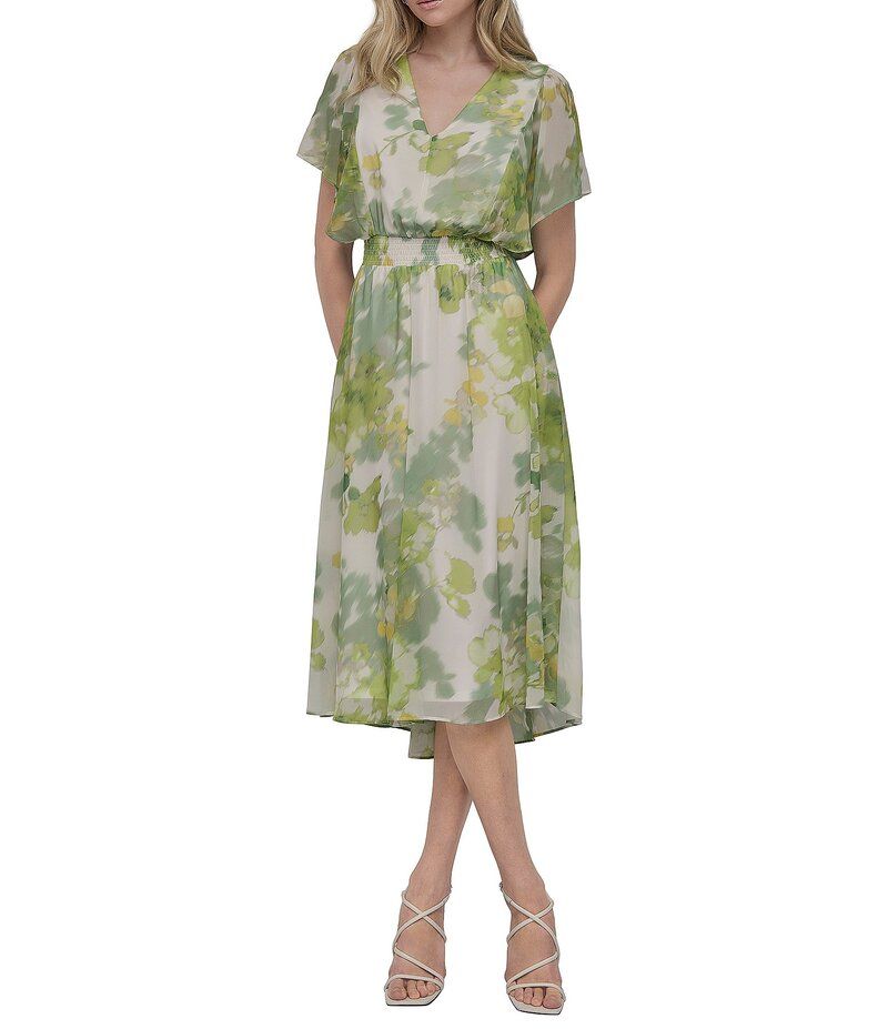 ダナキャラン レディース トップス ワンピース Vネック A ライン ミディワンピース プチ ミディ シャーリング DKNY by Donna Karan Petite Size VNeck Short Flutter Sleeve Smocked ALine