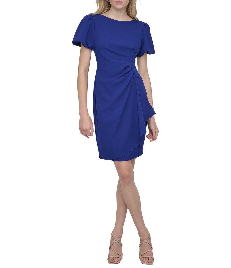 ダナキャラン レディース トップス ワンピース クレープ ギャザー DKNY by Donna Karan Stretch Crepe Boat Neckline Short Puff Sleeve Ruched Front Sheath Dress Mari
