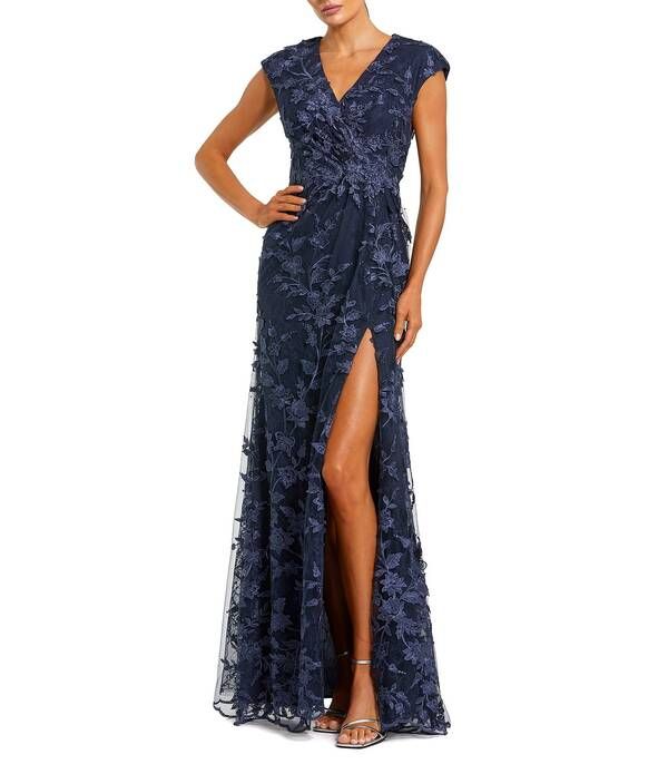 マックダガル レディース トップス ワンピース Vネック A ライン メッシュ 刺繍 Mac Duggal V Neck Embroidered Mesh A Line Gown Midnight