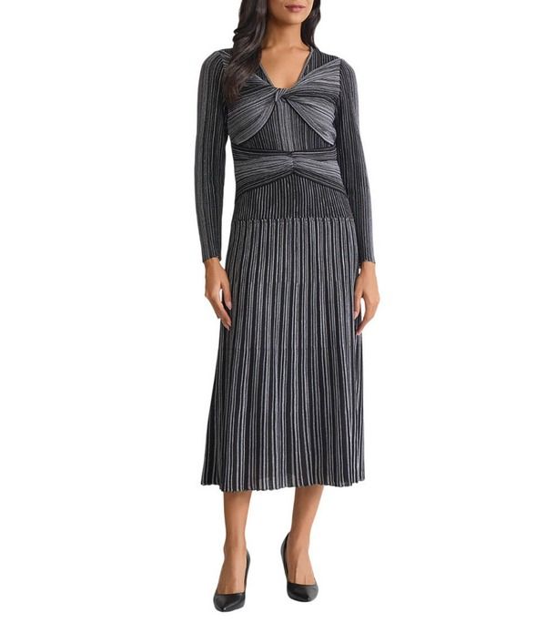 ミソック レディース トップス ワンピース Vネック ミディ ニット MISOOK Lurex Shimmer Knitwist Front VNeck Long Sleeve Fit And Flare Midi Dress Black ブラック