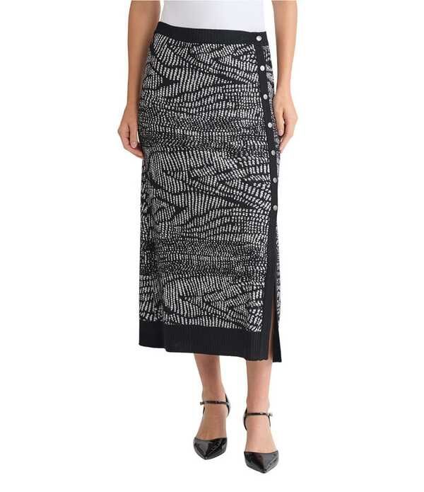 ミソック レディース ボトムスカート アニマル柄 プリント ミディ ニット MISOOK Abstract Animal Print Coordinating Soft Knit Side Button Midi Skirt BlackWhite ホワイト