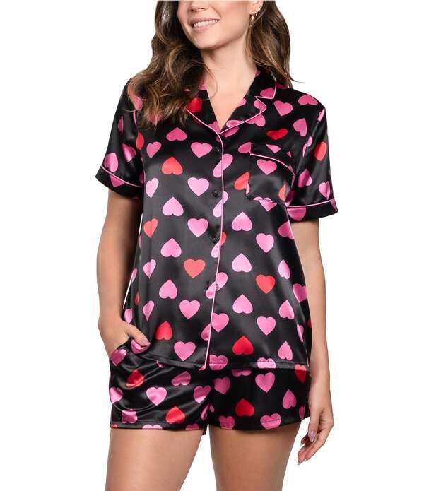 インブルーム レディース アンダーウェア ナイトウェア プリント サテン In Bloom By Jonquil Satin Heart Print Short Sleeve Notch Collar Shorty Pajama Set Black Heart