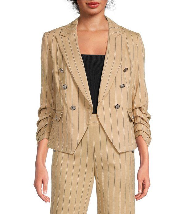 カール ラガーフェルド レディース アウター コート ギャザー ジャケット KARLAGERFELD PARIS Textured Stripe Notch Collar 34 Ruched Sleeve Coordinating Jacket Cartouc