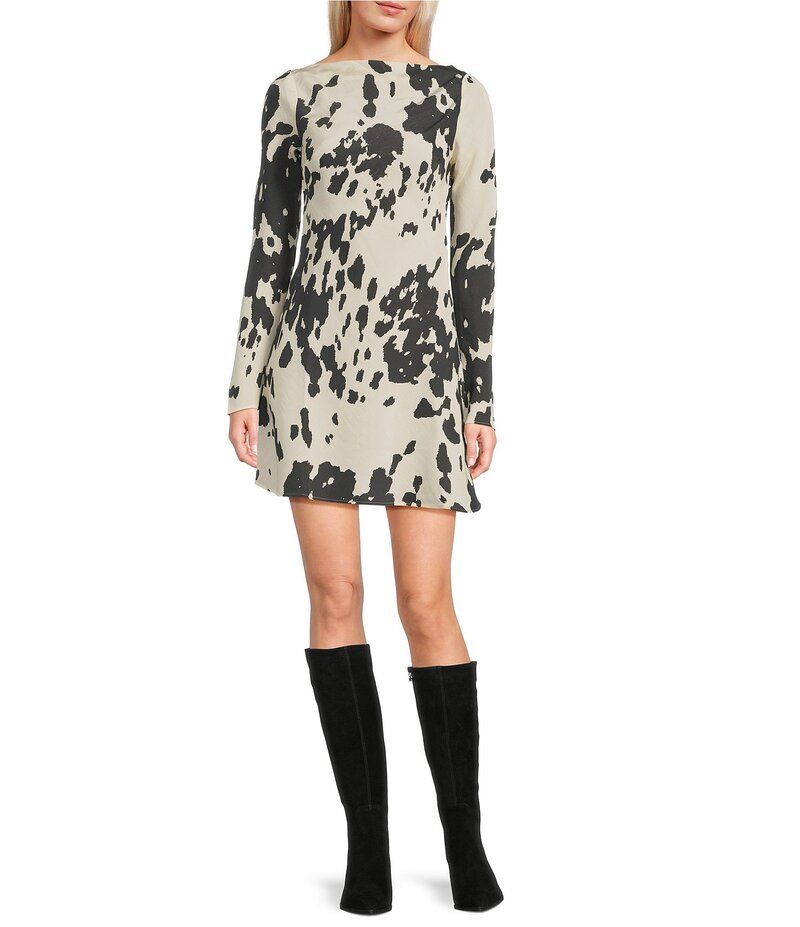 トップショップ レディース トップス ワンピース ドレープ プリント ミニ Topshop Long Sleeve Mini Cow Print Drape Back Dress Black ブラック