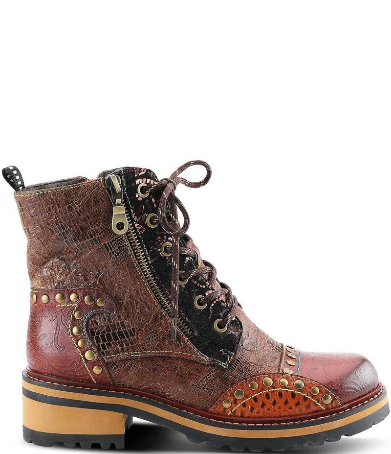 ラリティステ レディース シューズ ブーツ・レインブーツ レザー LARTISTE Rugup Leather and Textile Studded Faux Fur Lined Booties Brown Multi ブラウン