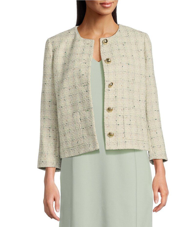 アンクライン レディース アウター コート ツイード ジャケット Anne Klein Tweed Round Neck Collarless Jacket White Dove Multi ホワイト