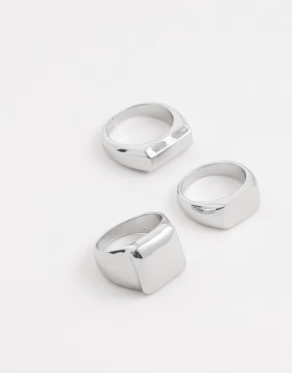 エイソス メンズ アクセサリー リング ASOS DESIGN 3 pack flatop signet rings tone SILVER シルバー
