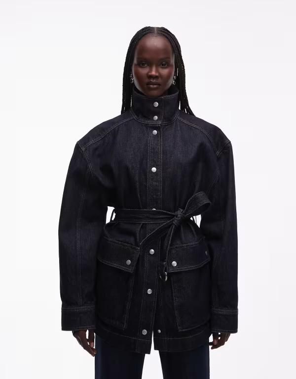 アンドアザーストーリーズ レディース アウター ジャケット・ブルゾン スタンドネック コットン デニム Other Stories pure cotton funnel neck denim short jacket with belt detail in d