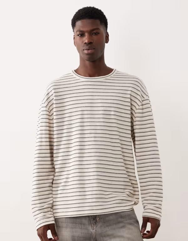 エイソス メンズ トップス Tシャツ ASOS DESIGN oversized jacquard long sleeve striped tshirt in cream CREAM クリーム