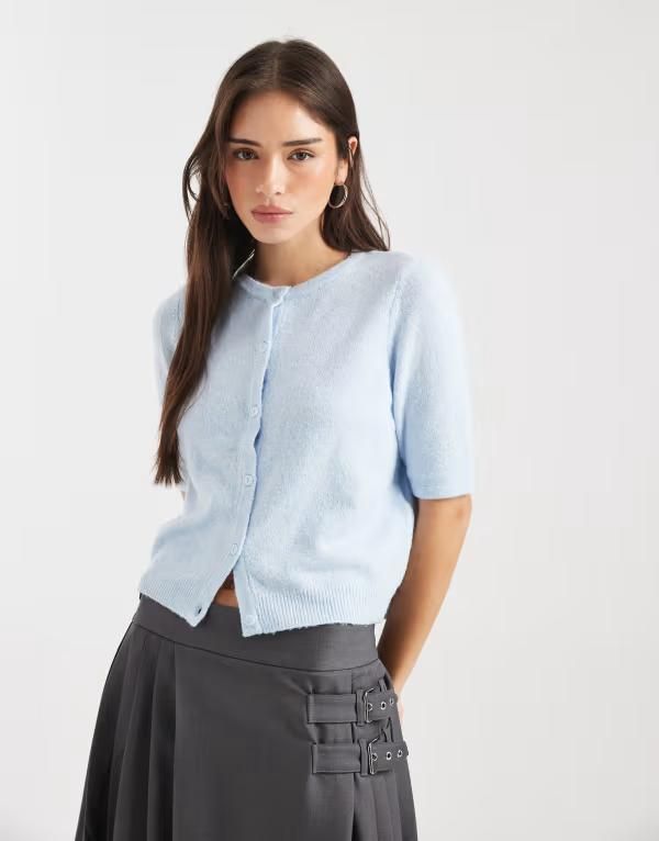 ヴェロモーダ レディース アウター カーディガン ニット Vero Moda round necknit short sleeve cardigan in soft Heathered Blue ブルー