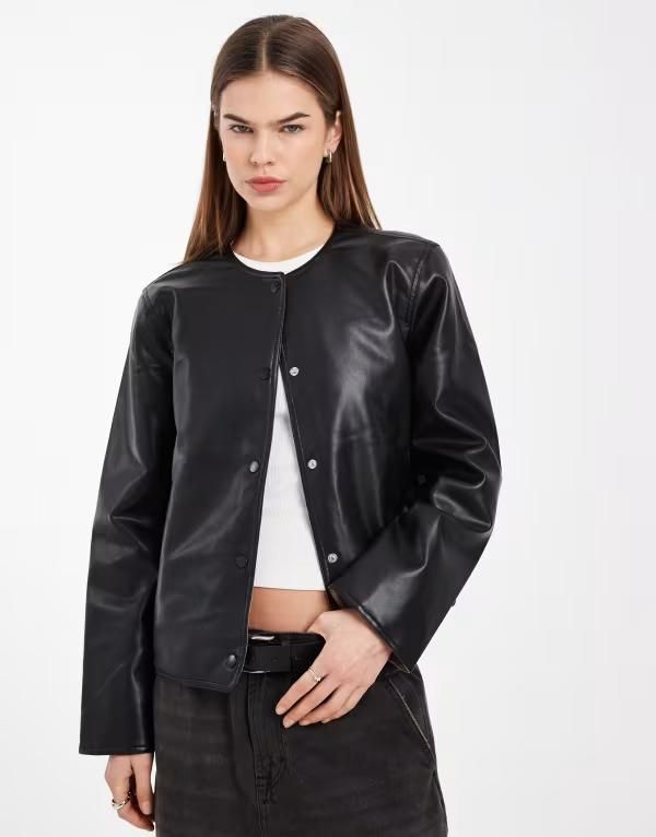ヴェロモーダ レディース アウター ジャケット・ブルゾン キルティング レザー フェイクレザー Vero Moda collarless faux leather short jacket with quilted lining Quilted Blackel