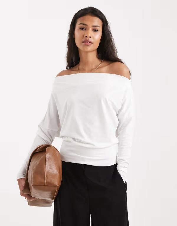 コットンオン レディース トップス Tシャツ Cotton peyton off shoulder long sleeve WHITE ホワイト