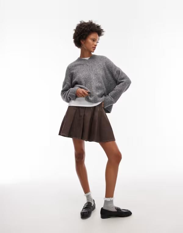 エイソス レディース ボトムス スカート プリーツ ミニ デニム ASOS DESIGN denim pleated mini skirt BROWN ブラウン