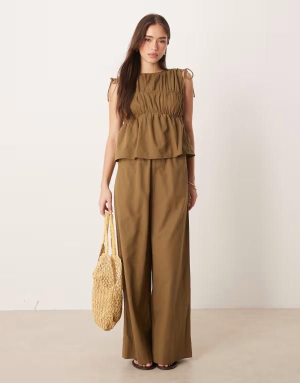 エイソス レディース トップス ジャンプスーツ ASOS DESIGN double layer jumpsuit with gathered bust detail in olive Khaki カーキ