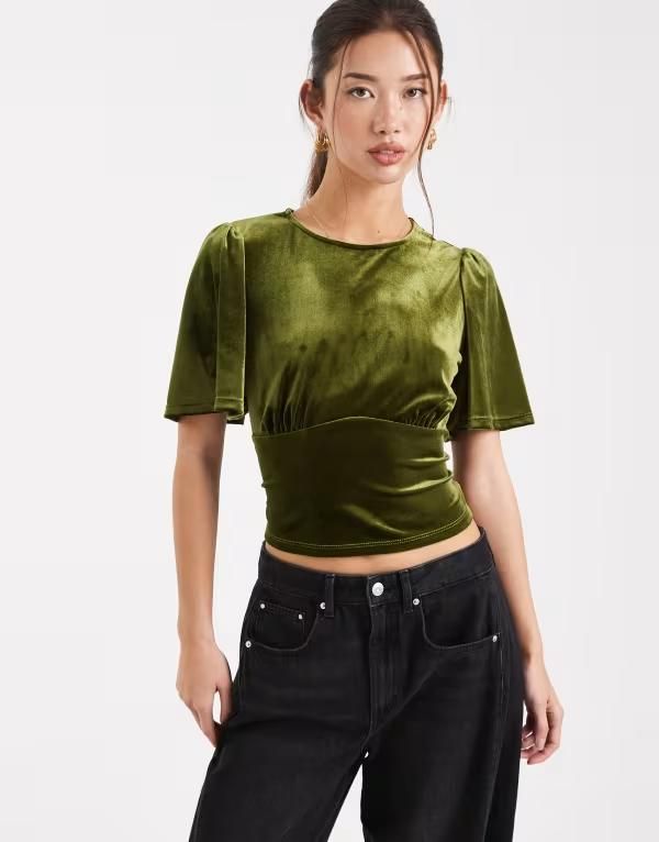エイソス レディース トップス Tシャツ ベルベット ASOS DESIGN velvet puff sleeve top with tie back Green グリーン