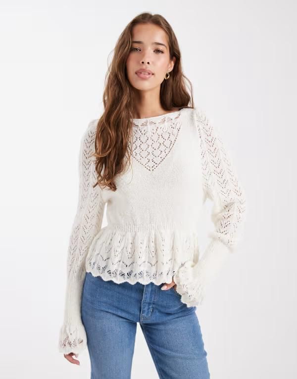 ミスセルフフリッジ レディース アウター ニット・セーター セーター ニット Miss Selfridge boho cutwork knit sweater in cream CREAM クリーム