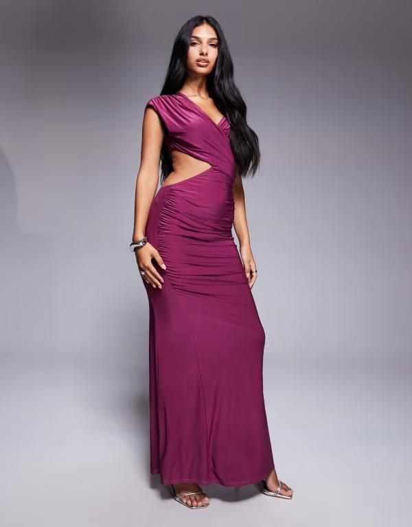 エイソス レディース トップス ワンピース カットアウト ミディワンピース ドレープ ミディ ASOS DESIGN draped slinky midi dress with cut out detail Purple パープル