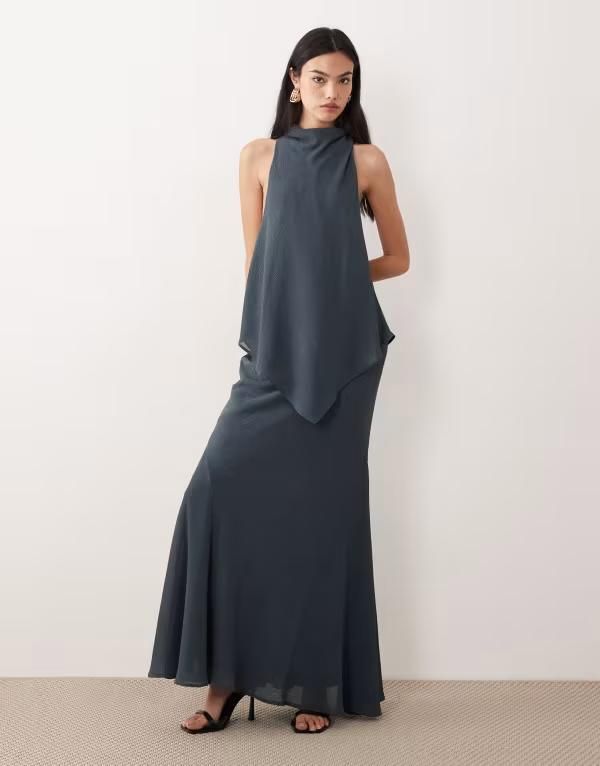 エイソス レディース トップス ワンピース シフォン ハイネック マキシ ASOS DESIGN chiffon high neck double layer maxi dress in charcoal gray チャコール