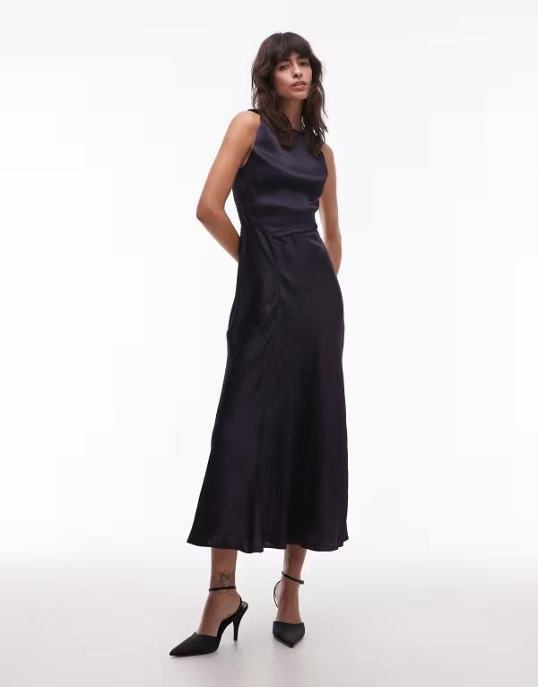アンドアザーストーリーズ レディース トップス ワンピース クレープ ミディワンピース ドレープ ミディ サテン Other Stories satin crepe midi dress with drape neck Dark blue ブルー