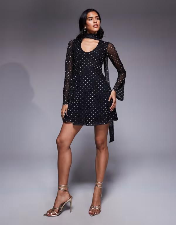エイソス レディース トップス ワンピース ドット柄 ドット ミニ メッシュ ASOS DESIGN fluted sleeves mesh mini polka dot dress with scarf Black ブラック