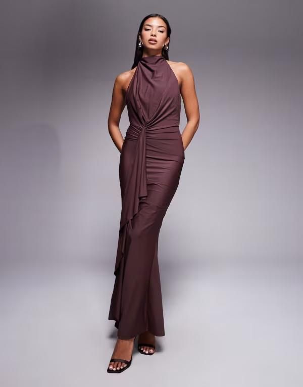 エイソス レディース トップス ワンピース ハイネック マキシワンピース ドレープ フリル ジャージー マキシ ASOS DESIGN sculpting jersey high neck drape ruffle maxi dress Brown ブラウン