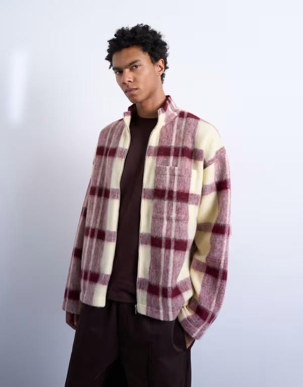 トップマン メンズ アウター ジャケット・ブルゾン スタンドネック ウール Topman funnel neck brushed wool mix jacket plaid RedCream クリーム