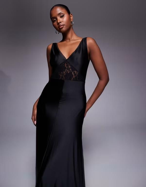レア レディース トップス ワンピース レース ジャージー マキシ Rare London lace detailiquid jersey low back maxi dress Black ブラック