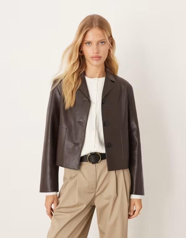マンゴ レディース アウター ジャケット・ブルゾン レザー フェイクレザー ジャケット Mango faux leather short jacket BROWN ブラウン