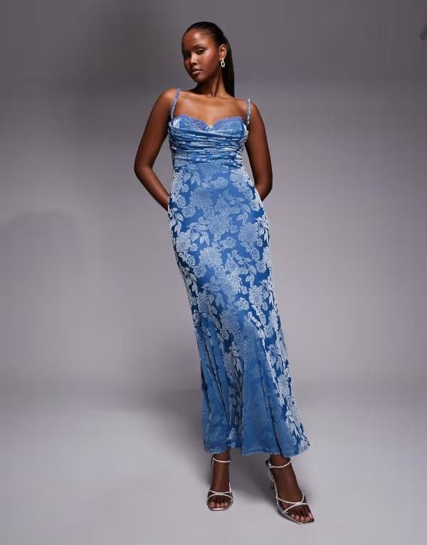 レア レディース トップス ワンピース フラワー柄 ベルベット レース マキシ フラワー Rare London velvet floral burnout lace bust detail open strappy back maxi dress Blue