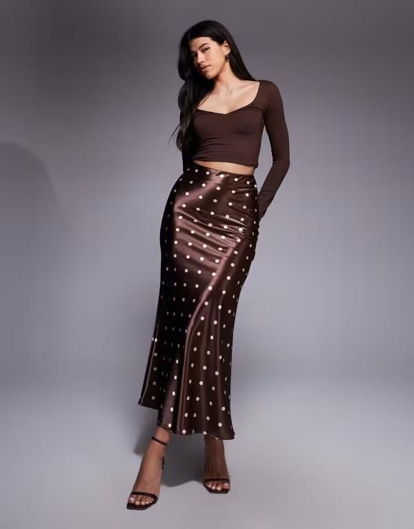 レア レディース ボトムスカート ドット柄 ドット サテン マキシ Rare London satin maxi skirt in chocolate pink polka dot CHOC PINK POLKA ピンク