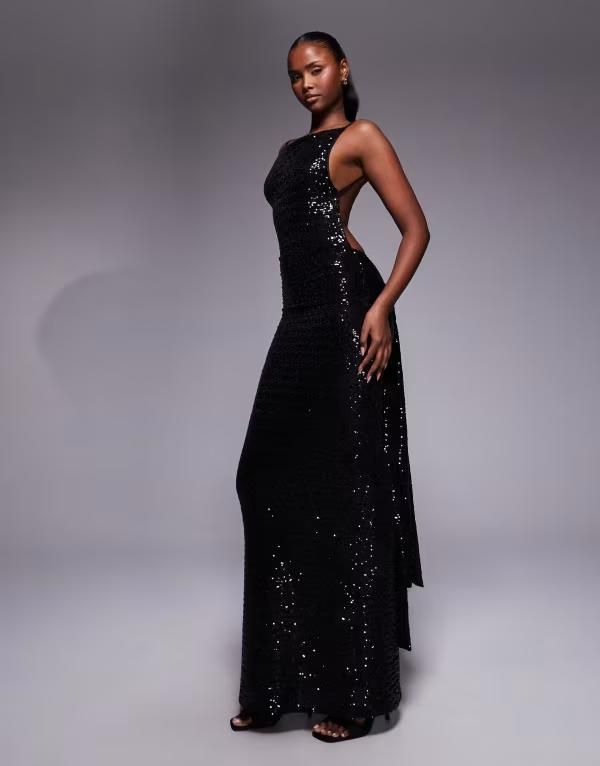エイソス レディース トップス ワンピース オープンバック マキシワンピース スパンコール ノースリーブ マキシ ASOS DESIGN sequin sleeveless maxi dress with open back and sash detail B