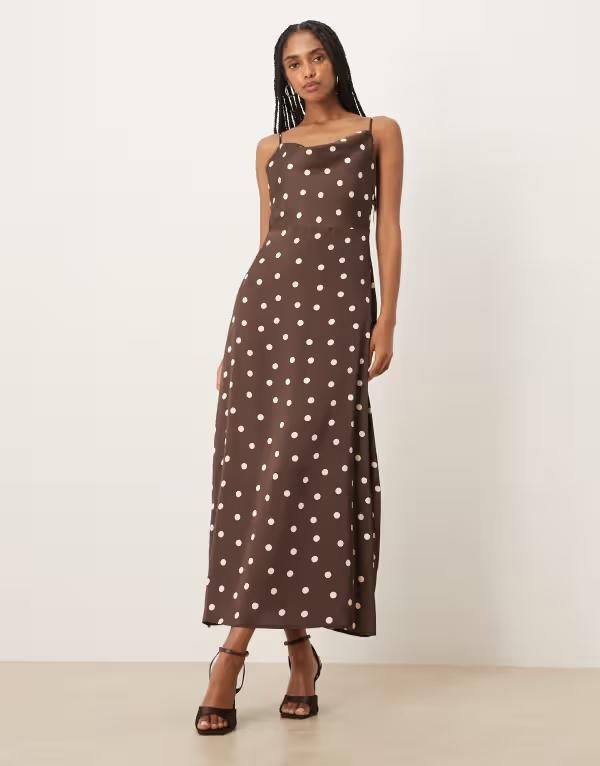 ヴィラ レディース トップス ワンピース ドット柄 ドット サテン マキシ VILA satin cowl neck maxi dress polka dot Coffee Bean コーヒー