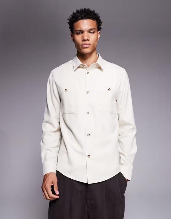 エイソス メンズ トップス シャツ ASOS DESIGN flannel overshirt with patch pockets BEIGE ベージュ