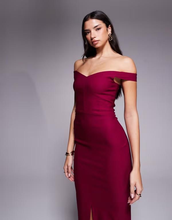 ベスパー レディース トップス ワンピース ミディワンピース ミディ Vesper bengaline bardot sweetheart neckline slit front midi dress in berry Berry