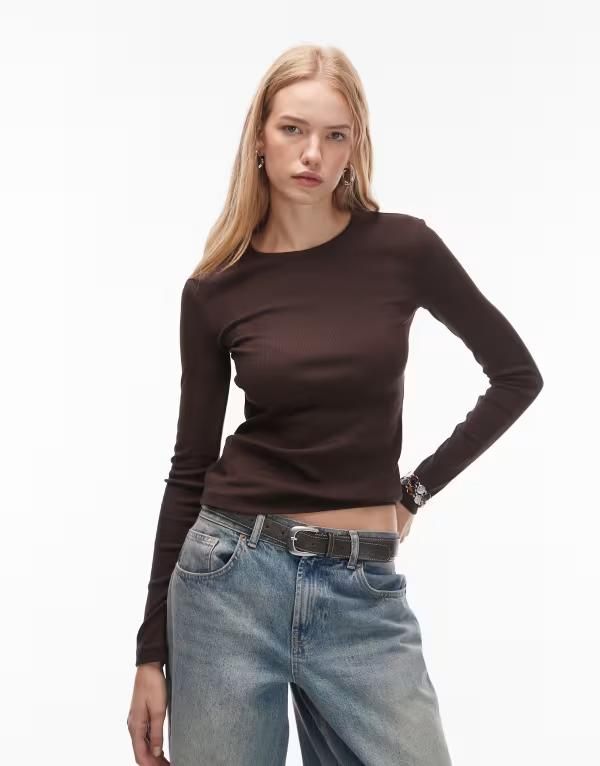 アンドアザーストーリーズ レディース トップス Tシャツ リブニット ニット ジャージー Other Stories soft jersey rib knit long sleeve top in dark Brown ブラウン