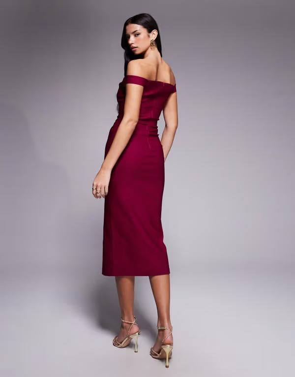 ベスパー レディース トップス ワンピース ミディワンピース ミディ Vesper bengaline bardot sweetheart neckline slit front midi dress in berry Berry