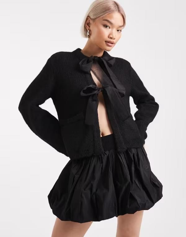 オブジェクト レディース アウター カーディガン サテン ニット Object oversized satin bow knit cardigan BLACK DETAILBLACK ブラック
