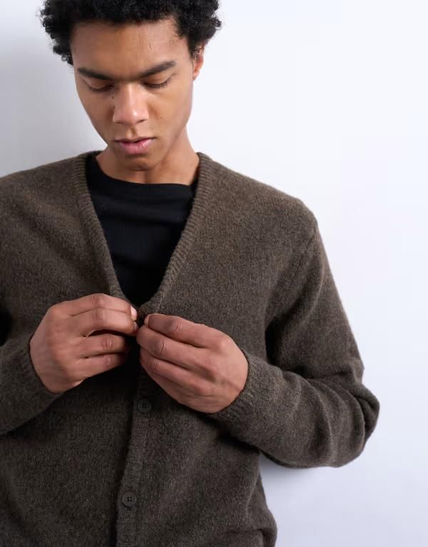 トップマン メンズ アウター カーディガン レギュラーフィット ニット Topman regular fit knit cardigan BROWN ブラウン