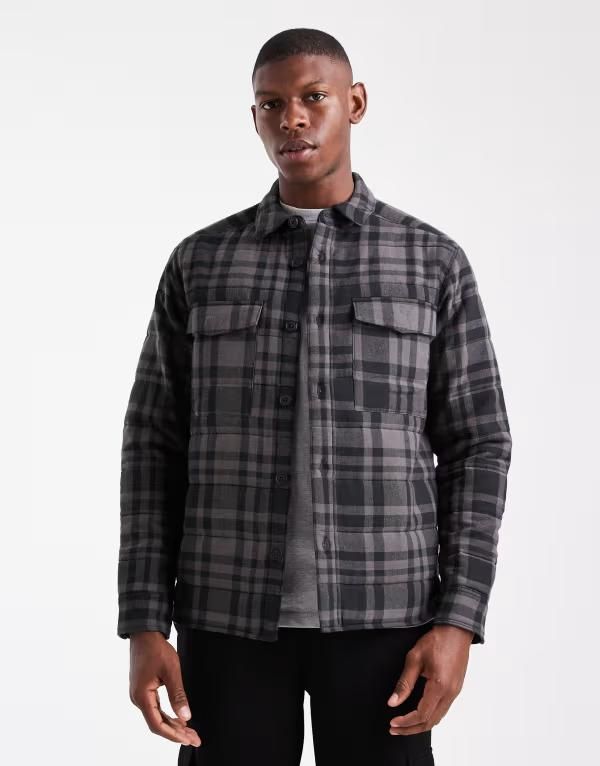 オンリーアンドサンズ メンズ アウター ジャケット・ブルゾン キルティング ジャケット ONLY SONS quilted check jacket and gray check Jet Black ブラック