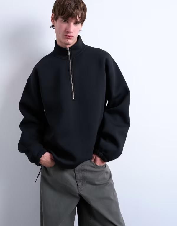 トップマン メンズ アウター パーカー・スウェット ハーフジップ スタンドネック スウェット シャツ スキューバ Topman half zip funnel neck pullover sweatshirt in scubastyle fabric Blac
