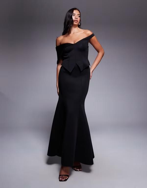 エイソス レディース トップス ワンピース マキシワンピース スキューバ マキシ ASOS DESIGN off the shoulder maxi dress with belt back detail scubastyle fabric Black ブラッ