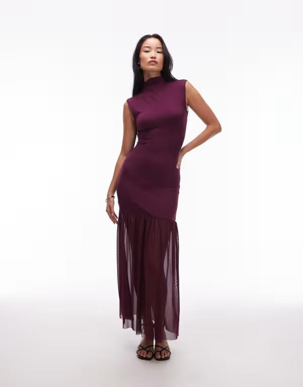 エイソス レディース トップス ワンピース マキシワンピース メッシュ マキシ ASOS DESIGN dropped waist mesh maxi dress with grown on neck in fig Fig
