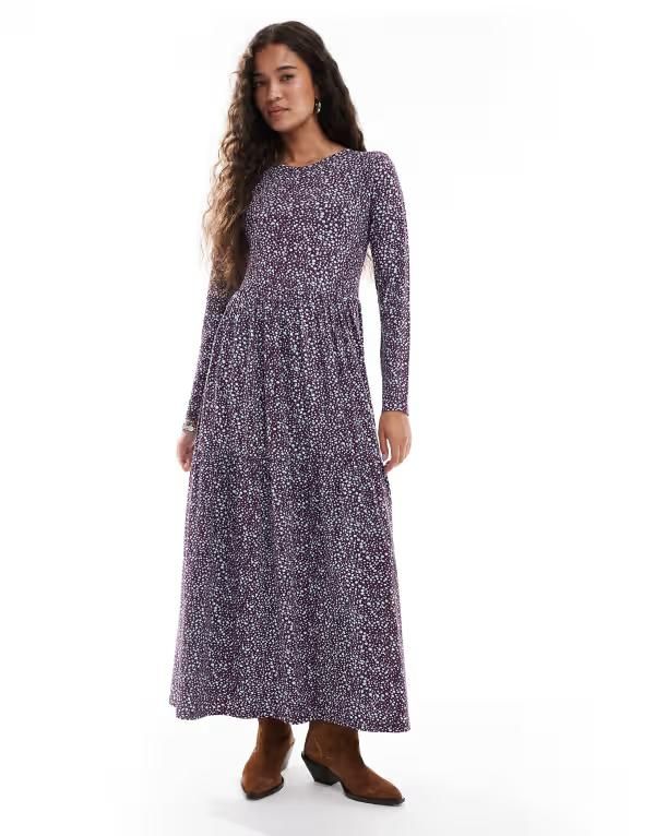 ウェンズデーガール レディース トップス ワンピース ドット Wednesdays Girl long sleeve smudged polka dots midaxi dress in plum PURPLE パープル