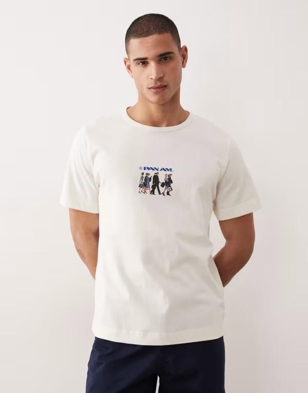 セレクティッド メンズ トップス Tシャツ グラフィック Selected Tshirt with front graphic in cream Egret クリーム