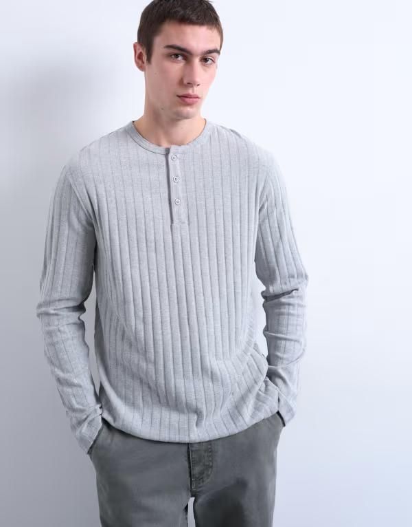 トップマン メンズ トップス Tシャツ リブ Topman long sleeve ribbed Henley tee Gray グレー