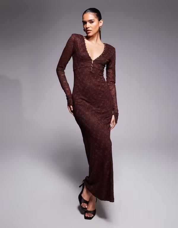 バードット レディース トップス ワンピース Vネック マキシワンピース レース マキシ Bardot Zenia lace button trim vneck maxi dress in chocolate Chocolate チョコレート