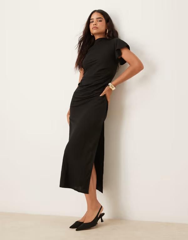 エイソス レディース トップス ワンピース マキシワンピース ドレープ マキシ ASOS DESIGN draped angel sleeve maxi dress Black ブラック