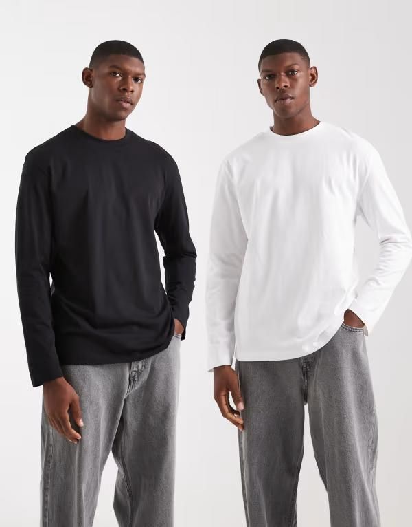 エイソス メンズ トップス Tシャツ ASOS DESIGN Essentials 2 pack relaxed long sleeve Tshirts and Blackwhite ホワイト