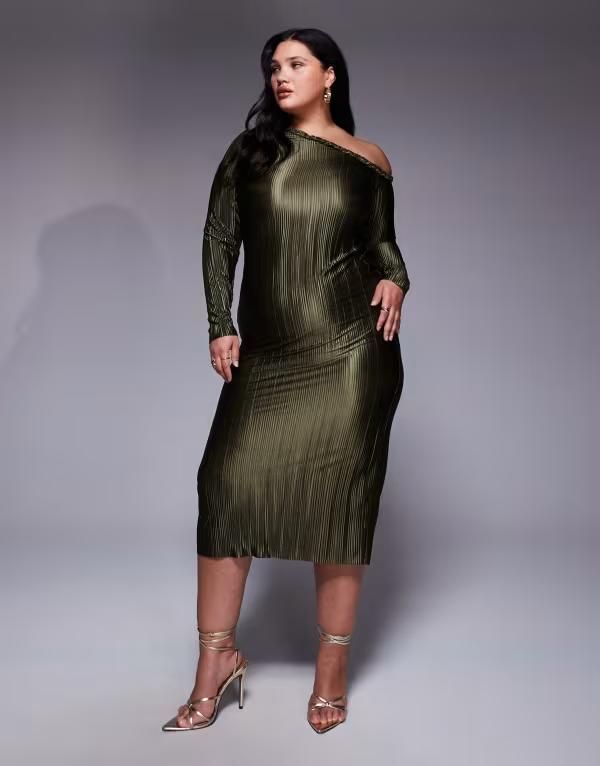 エイソス レディース トップス ワンピース ミディワンピース ミディ ASOS Curve ASOS DESIGN Curve braided neckline plisse midi dress khaki カーキ 6,445円