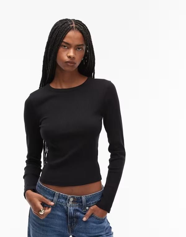 エイソス レディース トップス Tシャツ クルーネック リブ ASOS DESIGN ribbed crew neck long sleeve top Black ブラック